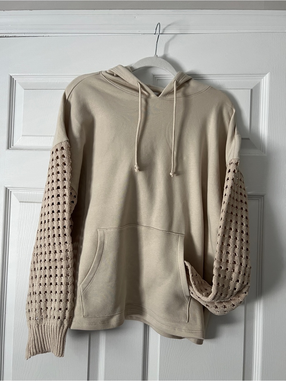 Time and Tru Cream Hooded Crewneck Sweater with Knit Sleeve Detail